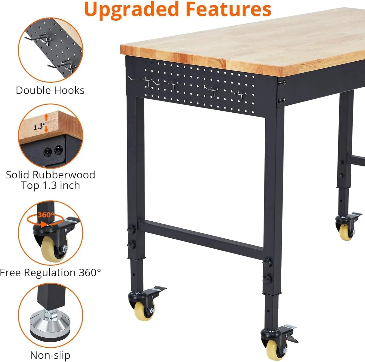 75'' Adjustable Workbench on Wheels, 2000LBS Heavy Duty Worktable with Power Outlets, Rubberwood Workstation for Workshop, Garage, Office, Home by GreenHaven Gardens