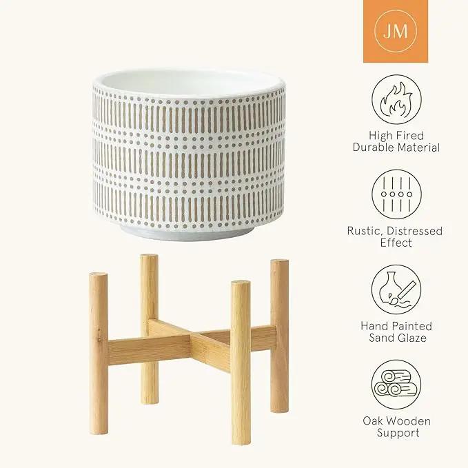 LA JOLIE MUSE Ceramic Plant Pot with Wood Stand - 7.3 Inch Modern Round Decorative Flower Pot Indoor with Wood Planter Holder, Beige and White by GreenHaven Gardens