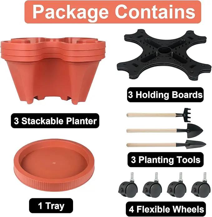 Vertical Planter 3 Tier Stackable Planters Garden Planters Strawberry Herb Flower and Vegetable Planter Indoor Outdoor Gardening Pots with Removable Wheels and Tools by GreenHaven Gardens