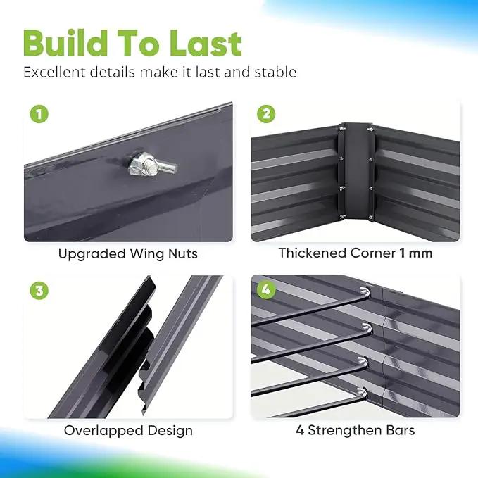 Quictent Galvanized Raised Garden Bed 8x4x1 Ft Metal Planter Box for Vegetables Bottomless for Backyard, 2 Tomato Cages Included, Dark Grey by GreenHaven Gardens