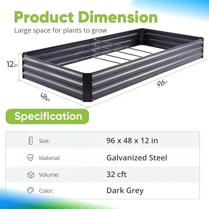 Quictent Galvanized Raised Garden Bed 8x4x1 Ft Metal Planter Box for Vegetables Bottomless for Backyard, 2 Tomato Cages Included, Dark Grey by GreenHaven Gardens