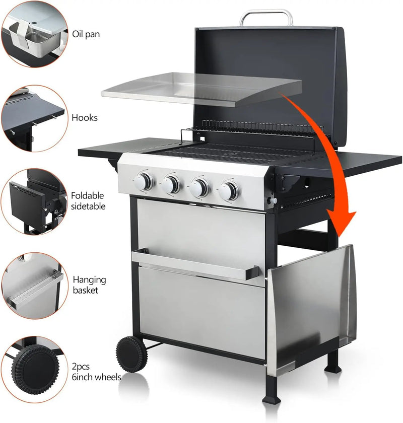 4-Burner Propane Gas BBQ Grill with SS Plancha, 49,200 BTU Output, Wire Enamel Cooking Grids, Foldable Side Table and Hanging Basket, Heavy-Duty Stainless Steel Grill by GreenHaven Gardens