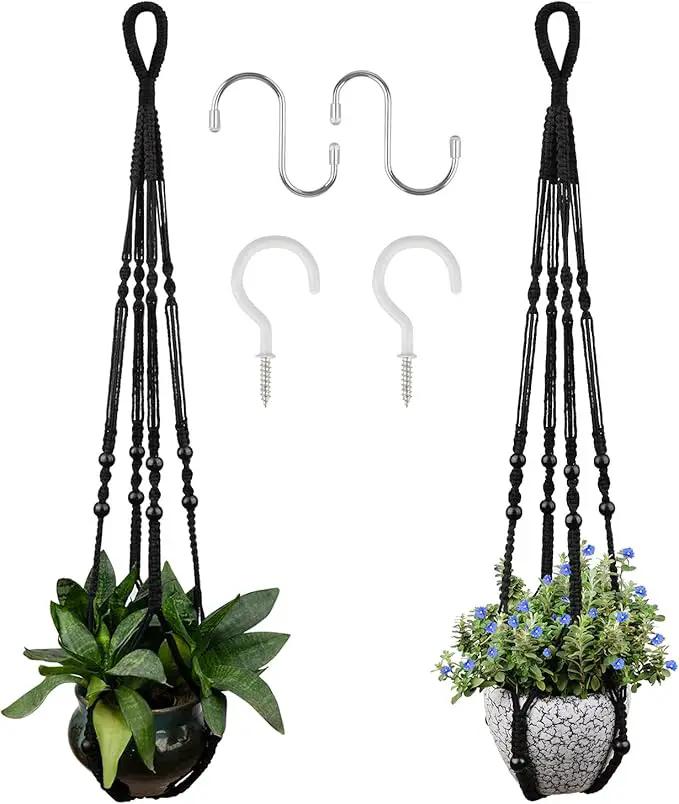 RIFNY Macrame Plant Hanger for 5 to 10 Inch Plant Pots, 35 Inch Woven Rope Hanger Kits with Hooks and Wood Beads, Hanging Planter Basket for Indoor Boho Home Decor (Black, 2 Pack) by GreenHaven Gardens