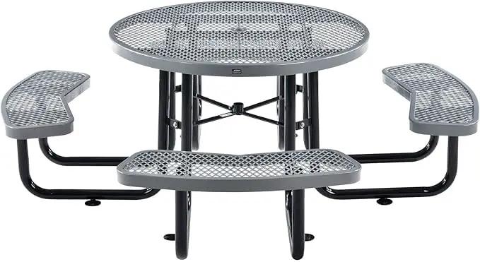 Global Industrial 46" Round Picnic Table, Expanded Metal, Gray Thermoplastic Coating, Attached Benches, 1-1/2” Umbrella Pole Hole, Outdoor-Rated, 1000 lb Capacity by GreenHaven Gardens