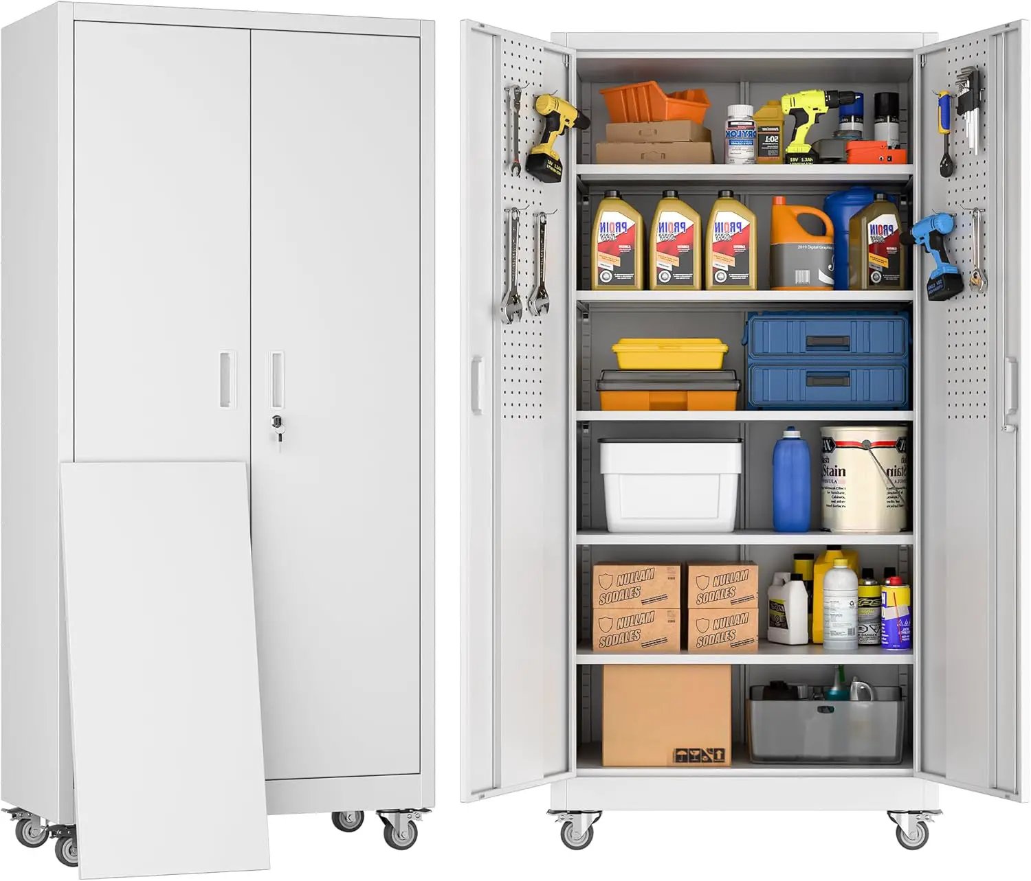 Metal Garage Storage Cabinet with Wheels & Pegboard, Lockable Metal Storage Cabinets with 2 Doors&5 Adjustable Shelves for Garage&Home,Assembly Required,White 71''H x32''W x16''D by GreenHaven Gardens