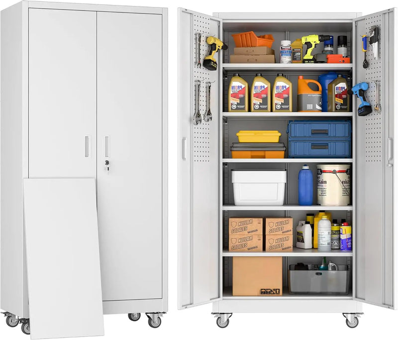 Metal Garage Storage Cabinet with Wheels & Pegboard, Lockable Metal Storage Cabinets with 2 Doors&5 Adjustable Shelves for Garage&Home,Assembly Required,White 71''H x32''W x16''D by GreenHaven Gardens