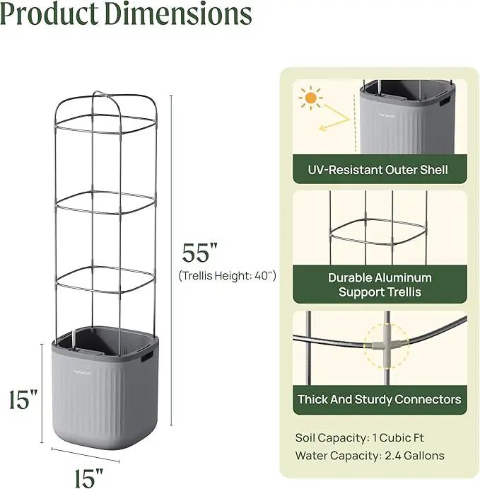 Vego garden Planters for Outdoor & Indoor Plants, Large Plant Pots with Self Watering, 15" Tall Large Plant Pots with Trellis for Flowers Plants Decor, Fog Gray by GreenHaven Gardens