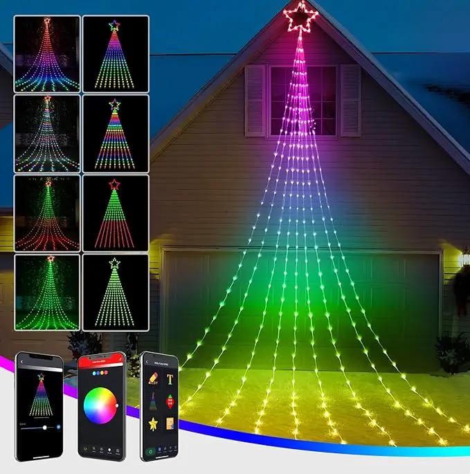 Christmas Decoration Smart Outdoor Star String Lights, 11.8Ft Christmas Tree Toppers Lights App Programmable, 344 LED 48 Modes Waterfall Lights with 12" Lighted Star for Xmas New Year Holiday Decor by GreenHaven Gardens