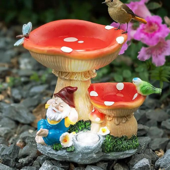Solar Garden Statue Gnomes Figurine Lights, Bird Water Feeder and Gnomes who are Lazy Under Mushrooms, Outdoor Yard Decorations for Patio Porch Home, Garden Gifts for Women Mom by GreenHaven Gardens