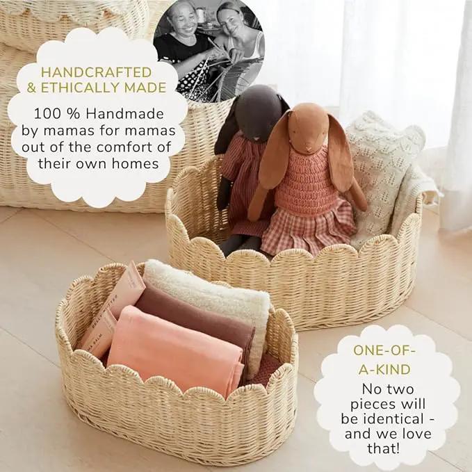 BEBE BASK Premium Scalloped Basket Set Of 2 - Scallop Basket - 16 x 10 x 7 Inch - Hand-Woven Elegant Wicker With Scalloped Edge - Nursery Storage (Natural) by GreenHaven Gardens