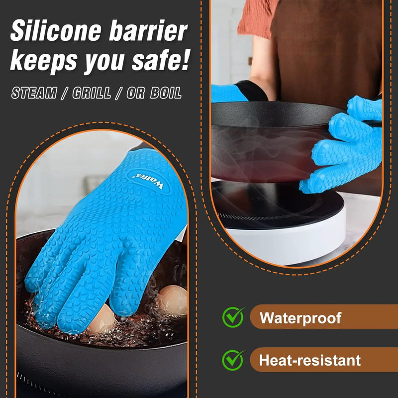 Walfos Silicone BBQ Gloves - Heat Resistant Grilling Gloves, Premium Non-Slip Kitchen Silicone Oven Mitt with Protective Cotton Layer Inside, Waterproof, Great for Grilling, Kitchen and Cooking, Blue by GreenHaven Gardens