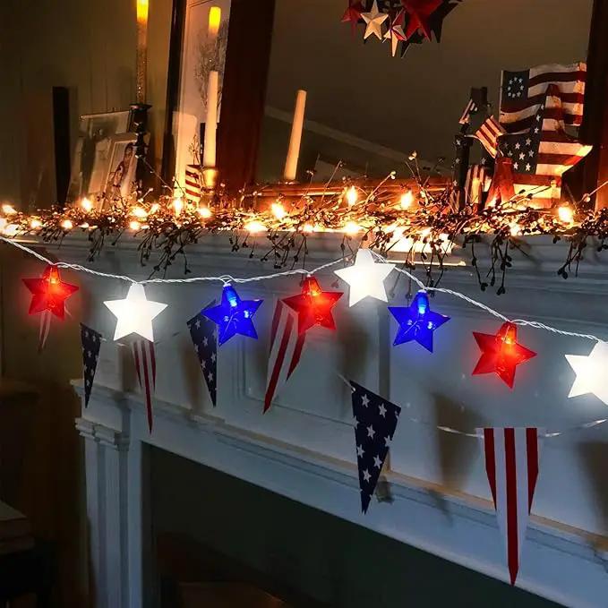 20 LED 4th of July Decor Big Star Lights, 17FT Red White and Blue Star String Lights Plug in, Memorial Day Independence Day Patriotic Decorations Outdoor Indoor for Home Garden Patio, White Wire by GreenHaven Gardens