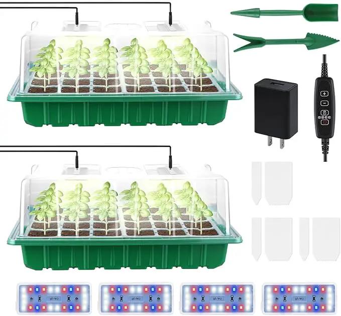 2 Packs Large Seed Starter Tray, Adjustable Brightness and Timer with 48 Full Spectrum LEDs, Seed Starter Kit with Drainage Holes, Tools and Labels for Indoor Plant Growing and Outdoor Gardening by GreenHaven Gardens