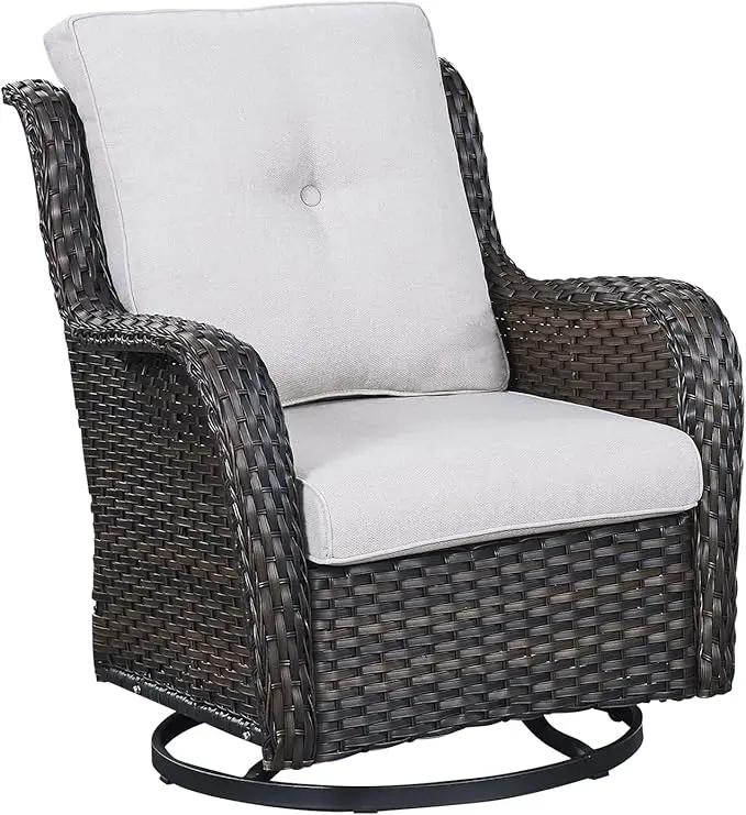 Outdoor Patio Swivel Rocker Chairs - Single Wicker Rattan Patio Swivel Rocking Chair with High Back,Deep Seating and Comfort Cushions for Deck Porch Garden,Brown/Beige by GreenHaven Gardens