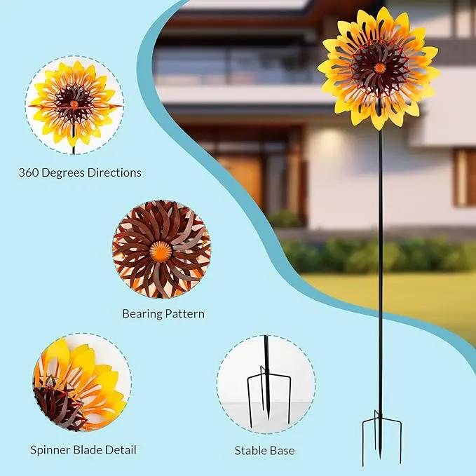 Sunflower Wind Spinners, 360 Degrees Swivel Metal Wind Sculptures, 76" Large Garden Pinwheels for Yard Lawn Patio Decor by GreenHaven Gardens