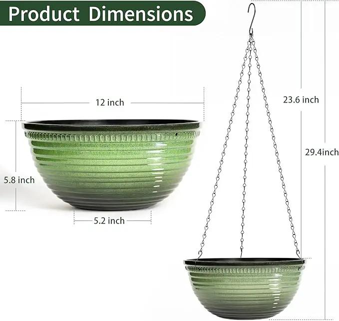 12 inch Hanging Planters for Indoor Outdoor Plants, 2 Pack Large Hanging Flower Pots with Drainage Holes and Chain, Glazed Hanging Baskets for Home Garden Decoration, Green by GreenHaven Gardens