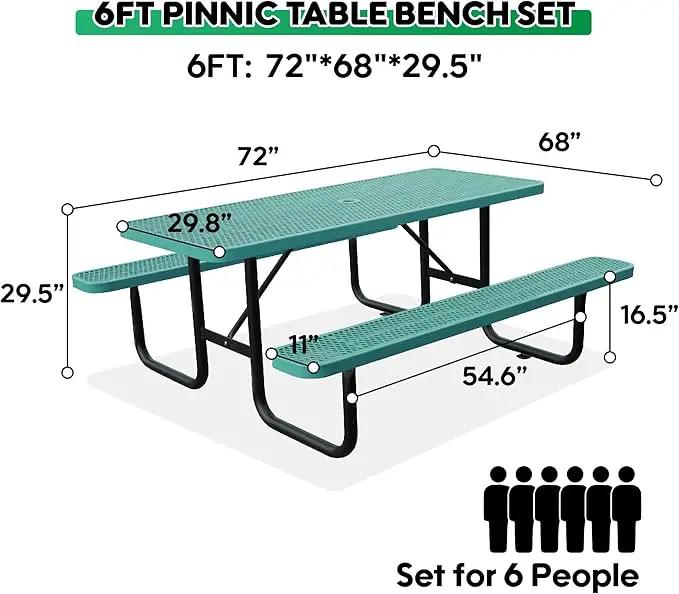 6FT Metal Picnic Tables for Outdoors, Commercial Rectangular Picnic Table and Bench Set for Outside, Patio, Garden, Backyard, Porch, Surface Mount, Green by GreenHaven Gardens