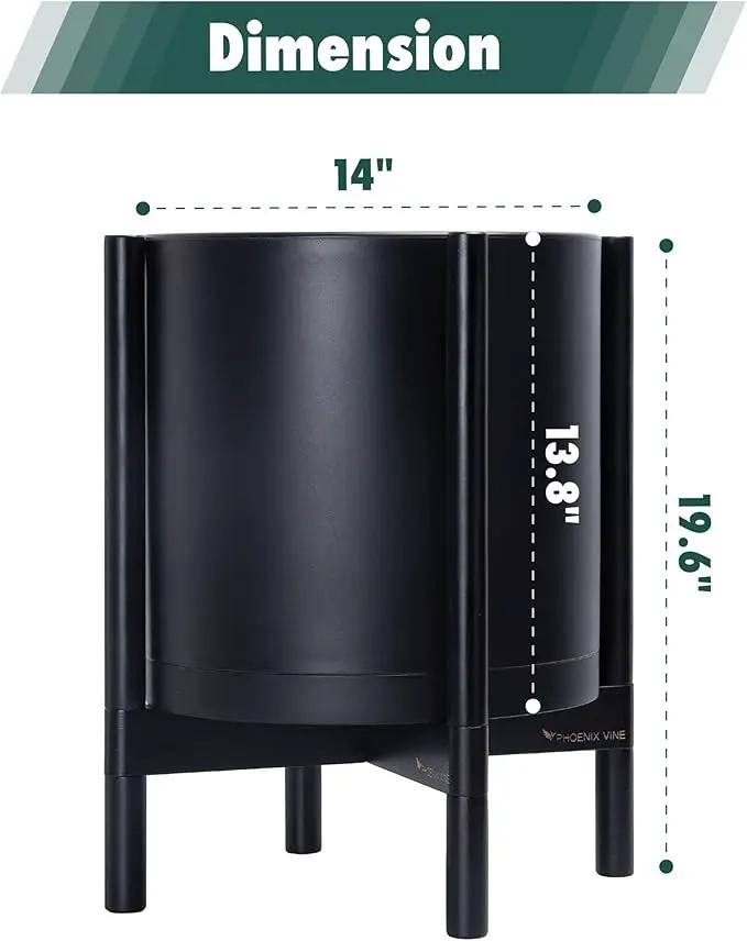 D'vine Dev Planter Pot with Stand - 14 Inch Plastic Cylinder Flower Pot with Wood Planter Holder for Indoor, Matte Black Pot + Ebony Stand, 55-C-T-2 by GreenHaven Gardens