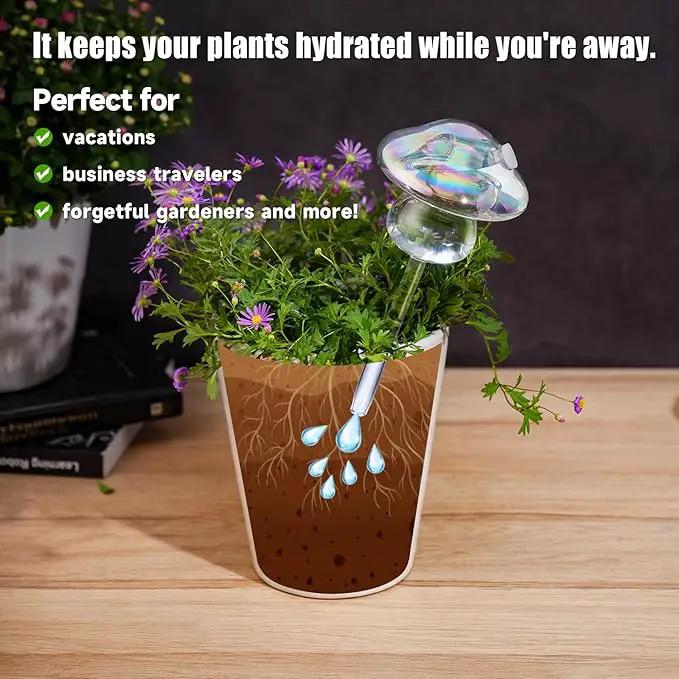 NiHome Iridescent Glass Mushroom Plant Self Watering Globes 3-Pack, Electroplated Hand-Blown Glass Automatic Plant Hydration System for up to 3 Weeks, Easy Refill Design with Adjustable Flow Rate by GreenHaven Gardens