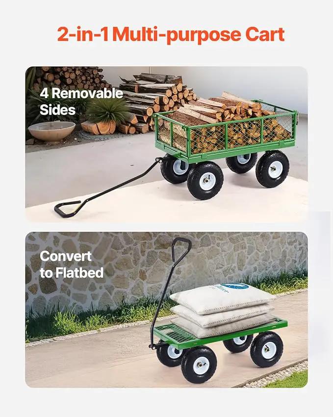 VEVOR 900 Lbs Steel Garden Cart on Wheels, Heavy Duty Pullable Garden Wagon Yard Cart, Outdoor Metal Utility Wagon with 10" Tires and Mesh Removable Sides(Convert to Flatbed), and 180°Rotating Handle by GreenHaven Gardens