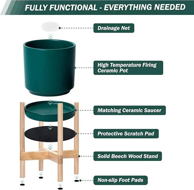D'vine Dev Ceramic Planter with Natural Stand - 8 Inch Modern Round Flower Pot with Wood Planter Holder, Teal, 55-B-N-4 by GreenHaven Gardens