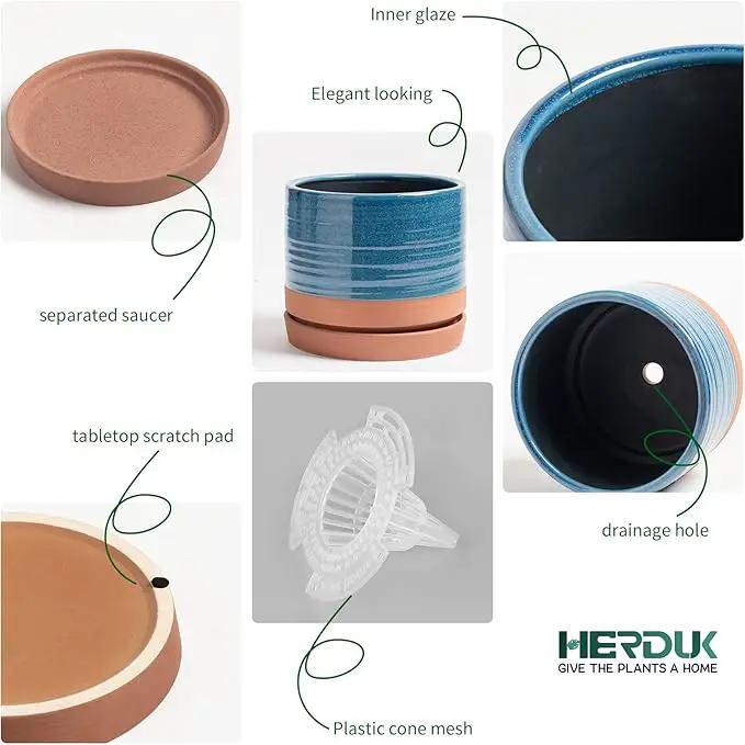 8 Inch Pots for Plants, Ceramic Planter Pot with Drainage Hole & Saucer, Indoor/Outdoor Cylinder Round Planter Pot, Blue & Terracotta by GreenHaven Gardens