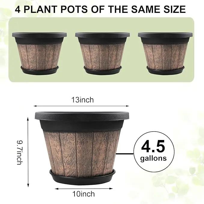 Quarut Large Plastic Plant Pots Set of 4 Pack13 inch,Whiskey Barrel Planters with Drainage Holes & Saucer.Flower Pots Imitation Wine Barrel Design for Indoor & Outdoor Garden Balcony Plants (Brown) by GreenHaven Gardens