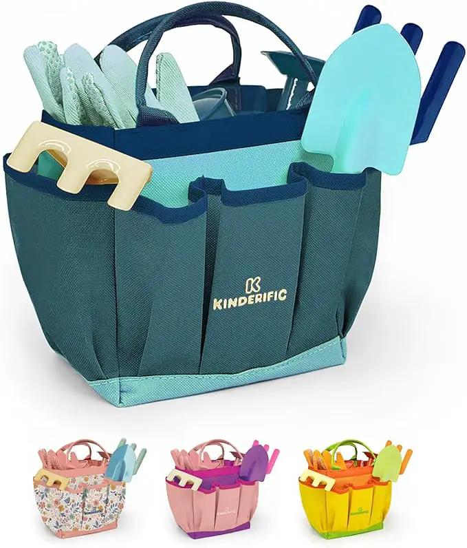 Gardening Set, Tool Kit, for Kids, STEM, Includes Tote Bag, Spade, Watering Can, Rake, Fork, Trowel and Gloves (Ocean Blue) by GreenHaven Gardens