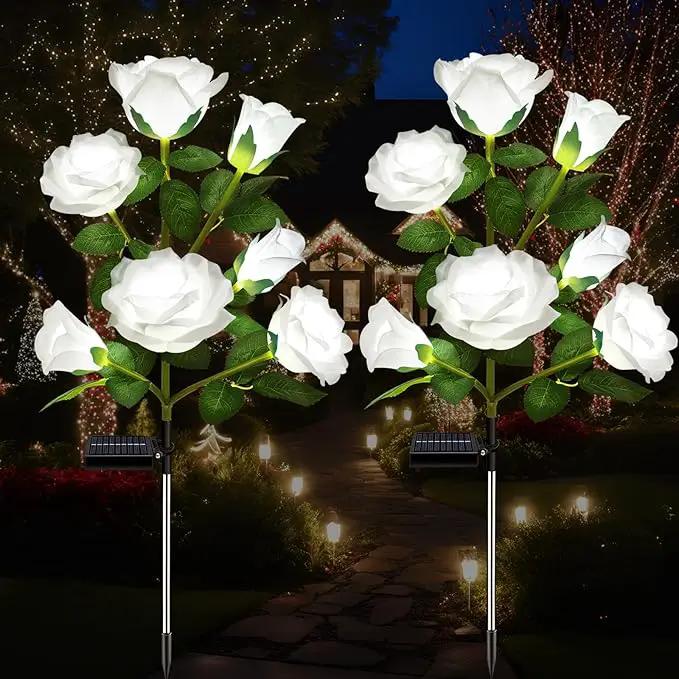 2 Pack Solar Garden Lights Outdoor, 7-Flower Rose LED Stake Light for Yard Patio Pathway Lawn Fence Cemetery, White by GreenHaven Gardens