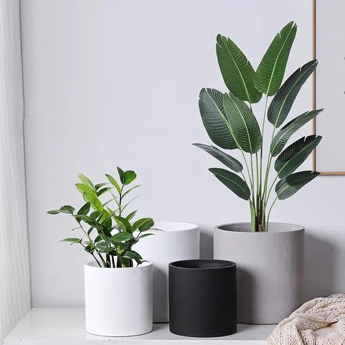 11 Inch Pot for Plants, Large Cement Planter with Drainage Hole, Mid-Century Modern Concrete Flower Pots for Home Decor, Office & Outdoor (White) by GreenHaven Gardens
