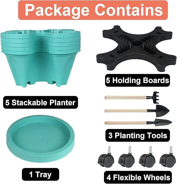 Vertical Planter 5 Tier Stackable Planters Garden Planters Strawberry Herb Flower and Vegetable Planter Indoor Outdoor Gardening Pots with Removable Wheels and Tools by GreenHaven Gardens