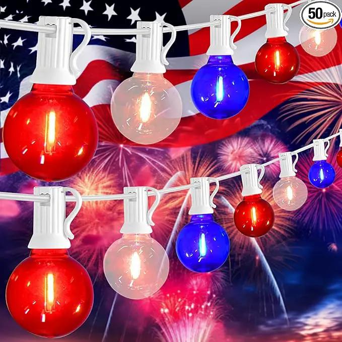 50FT G40 Red White and Blue Lights, 4th of July Decorations Lights Plug in with 50+3 LED Bulbs, Patriotic Decor Indoor Outdoor String Light for Party Patio Garden Bistro Independence Day Memorial Day by GreenHaven Gardens