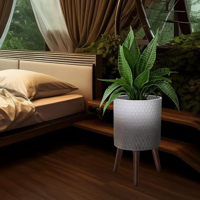 12 Inches Indoor Plant Pot with Walnut Color Stand Honeycomb Embossed Flower Pot with Drainage Holes Large Modern Planters for Indoor Plants-Gradient White Gray by GreenHaven Gardens