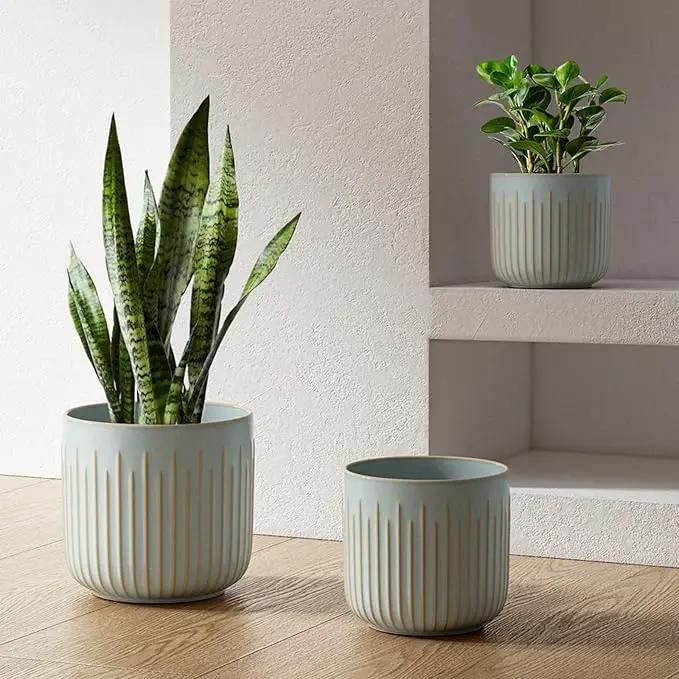 LE TAUCI Ceramic Planters, Set of 3 Plant Pots for Indoor Plants, 8.3+6.9+5.7 inch Flower Pots with Drainage Holes, Large Cylinder Planters Pot for Outdoor Indoor House Plants, Glaze Blue Gray by GreenHaven Gardens