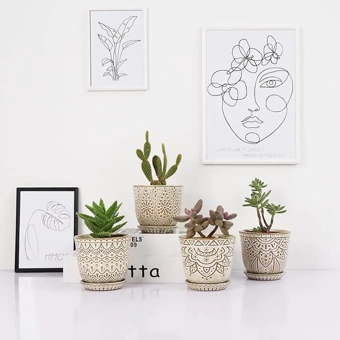 Gepege Succulent Pots, 4 Inch Small Indoor Ceramic Planter Pot with Drainage Holes and Saucers for Plants- Creamy White - Set of 4 by GreenHaven Gardens