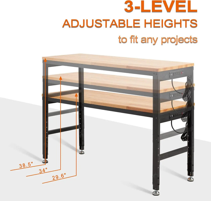 Haddockway Adjustable Workbench for Garage, 60" x 22" Rubber Wood Top Worktable with Power Outlets, Max 2000 Lbs Load Capacity Heavy Duty Workstation for Workshop Office Home (Black Frame, 60in) by GreenHaven Gardens