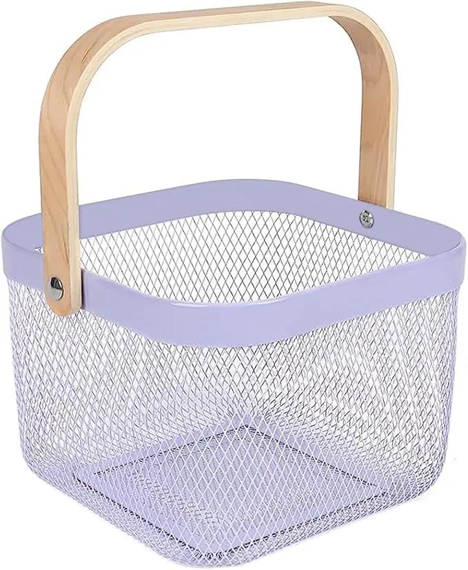 Metal Mesh Steel Basket, Storage Organizer Basket Multi-functional Hanging Kitchen Baskets Fruit Basket Bin with Bamboo Handle for Kitchen Bathroom Picnic Shopping Decor Cabinet Home, Purple by GreenHaven Gardens