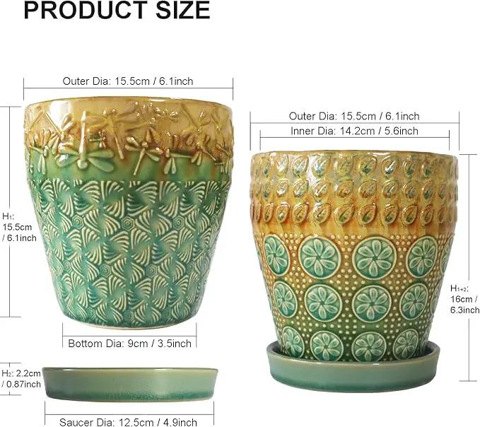 6 Inch Ceramic Planter with Drainage Hole and Saucer for Plants, Indoor-Outdoor Large Round Succulent Orchid Flower Pot, Set of 2 by GreenHaven Gardens