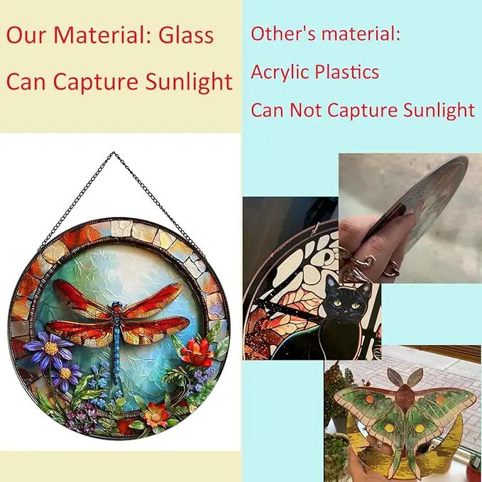 Dragonfly and Flower Suncatcher Stained Glass,Hanging Stained Glass Suncatcher for Windows,20cm/7.87inch Hand-Painted Sun Catcher Garden Hangings Halloween Fall Christmas Decor for Home by GreenHaven Gardens