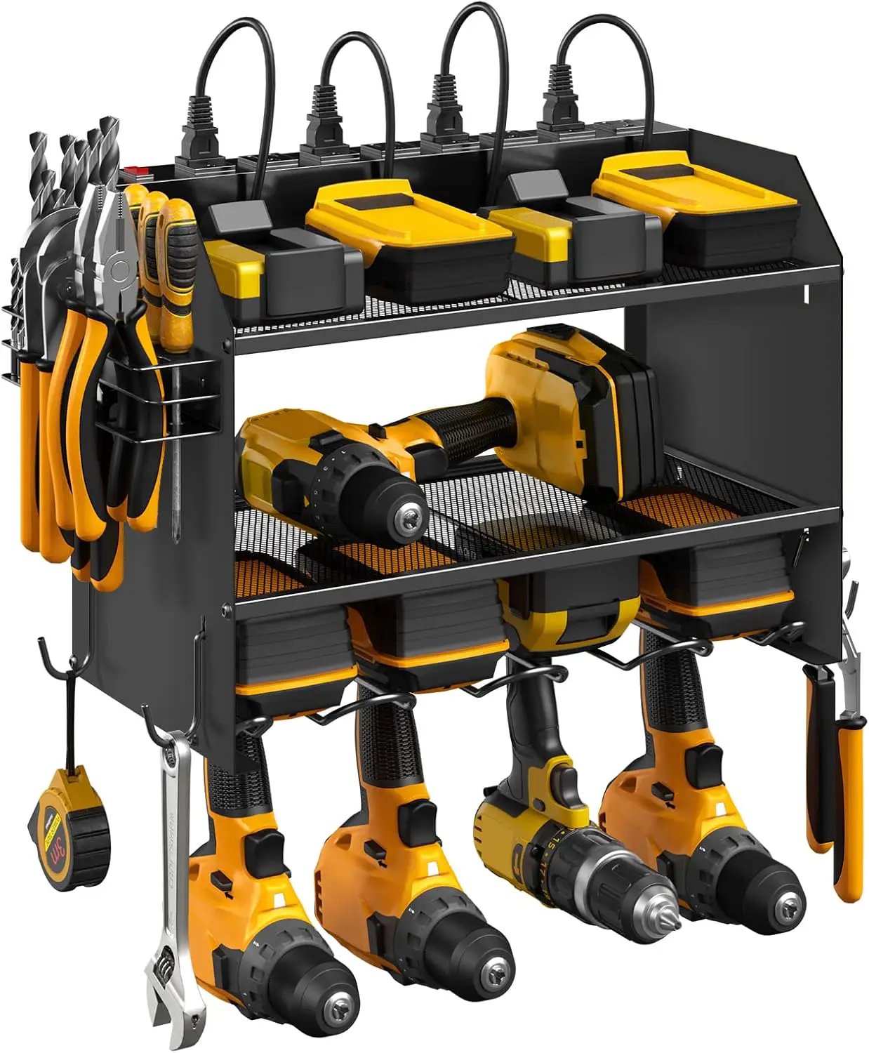 CCCEI Modular Power Tool Organizer Wall Mount with Charging Station. Garage 4 Drill Storage Shelf with Hooks, Screwdriver, Drill Bit Heavy Duty Rack, Tool Battery Holder Built in 8 Outlet Power Strip. by GreenHaven Gardens