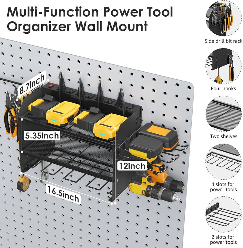 CCCEI Modular Power Tool Organizer Wall Mount Charging Station, Black 6 Drills Holder with 8 Plug Power Strip 10FT, Garage Drill Battery Heavy Duty Metal Shelf, Utility Rack with Hooks, Side Storage. by GreenHaven Gardens