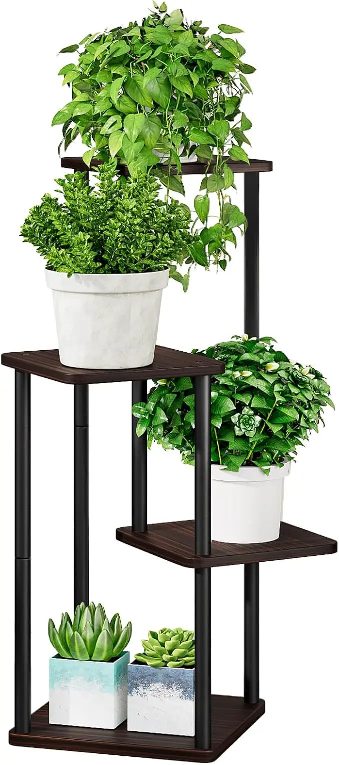 AZERPIAN Plant Stand 4 Tier Indoor Metal Flower Shelf for Multiple Plants Corner Tall Flower Holders for Patio Garden Living Room Balcony Bedroom, Black oak by GreenHaven Gardens