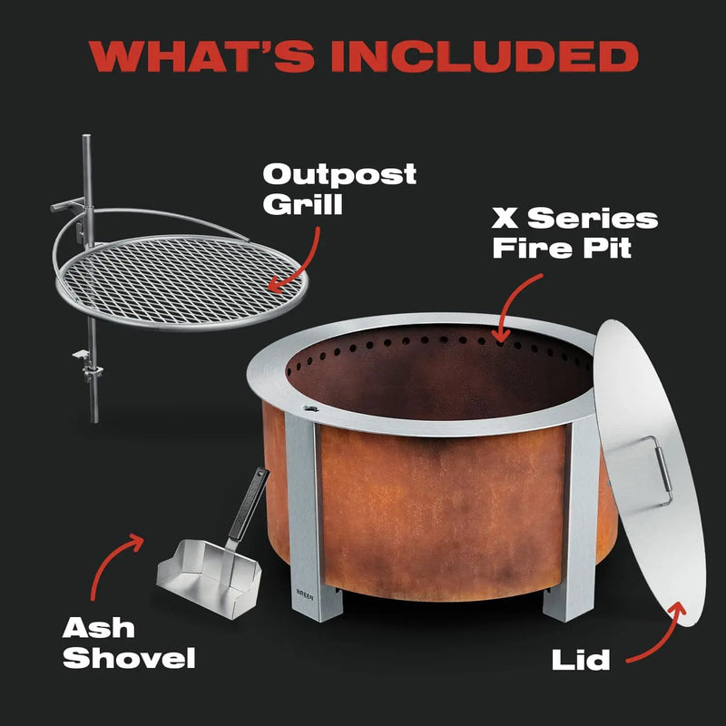Breeo Smokeless Fire Pit Grilling Bundle (X Series 24 Corten Steel, Outpost Grill, Ash Shovel, & Lid) | 27.5 inch Smokeless Firepit for Outside | Ideal for Families by GreenHaven Gardens