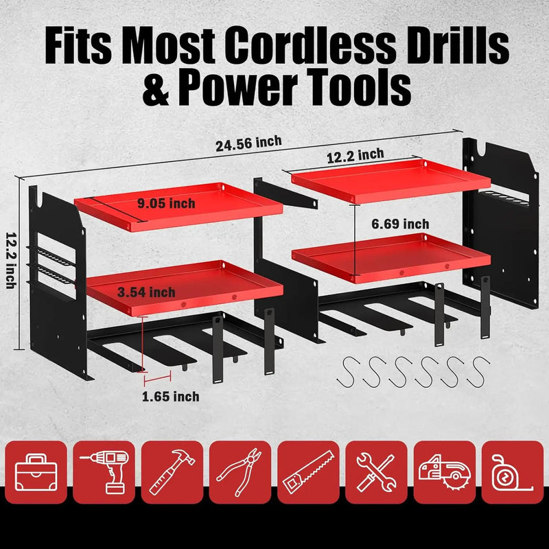 Power Tool Organizer Wall Mount with 6 Drill Holders, Heavy Duty Metal Utility Racks with Large Top Shelf & Side Hooks, Efficient and Organized Storage for Garage, Workshop, Shed, Pegboard by GreenHaven Gardens