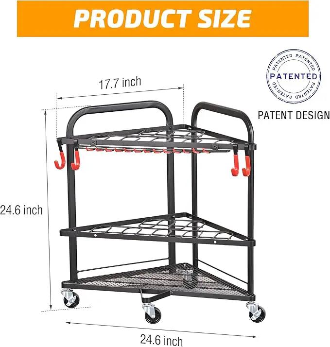 PLKOW Garden Tool Organizer with Wheels and Storage Hooks, Rolling Corner Tool Storage Rack for Garden, Shed, Garage, Powder Coated Steel, Black by GreenHaven Gardens