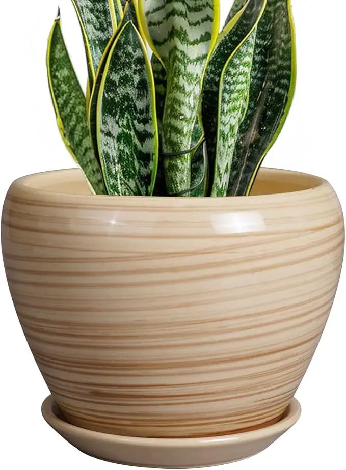 Planter Pot 8 Inch - Ceramic Pot for Plants Indoor Plant Pot with Drainage Hole and Saucer Round Planter Outdoor Modern Flower Pot Succulent Pot for House Patio Yellow by GreenHaven Gardens