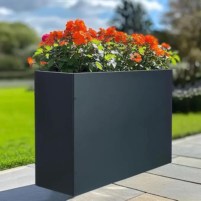 BAYN Metal Rectangular Planter Box Tall Planters for Outdoor Plants Modern Heavy Duty with Drainage Holes for Outside Indoor Patio Deck - Grey, 32”x 12”x 24” by GreenHaven Gardens