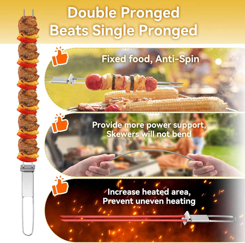 Metal Skewers for Kabobs - 17" 10 Pack Kabob Skewers with Push Bar Double Pronged Anti-Roll Flat BBQ Skewer for Grilling Stainless Steel Reusable Kebab Skewer for Meat Shrimp Chicken Veggie by GreenHaven Gardens