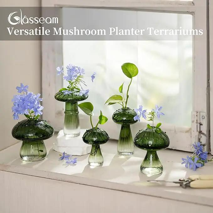 Glasseam Mushroom Plant Propagation Stations: Green Glass Terrarium Jar Set of 10 Cute Planters for Indoor Plants Mini Propagate Station Unique Christmas Birthday Gifts for Women Home Office Decor by GreenHaven Gardens