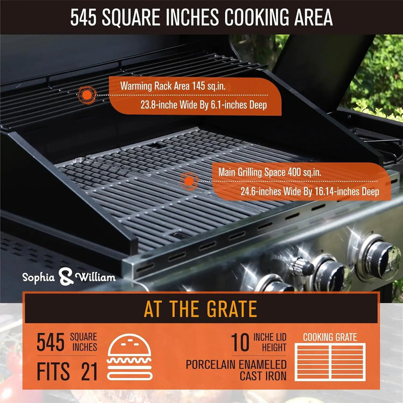 Sophia & William 4-Burner Propane Gas BBQ Grill with Side Burner and Porcelain-Enameled Cast Iron Grates, Stainless Steel Barbecue Grills Outdoor Cooking, Silver Cabinet Style, 42,000BTU by GreenHaven Gardens